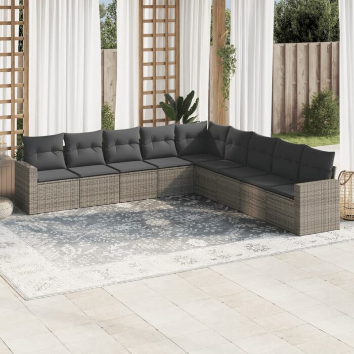 Salon de jardin 9 pcs avec coussins gris résine tressée – Image 1