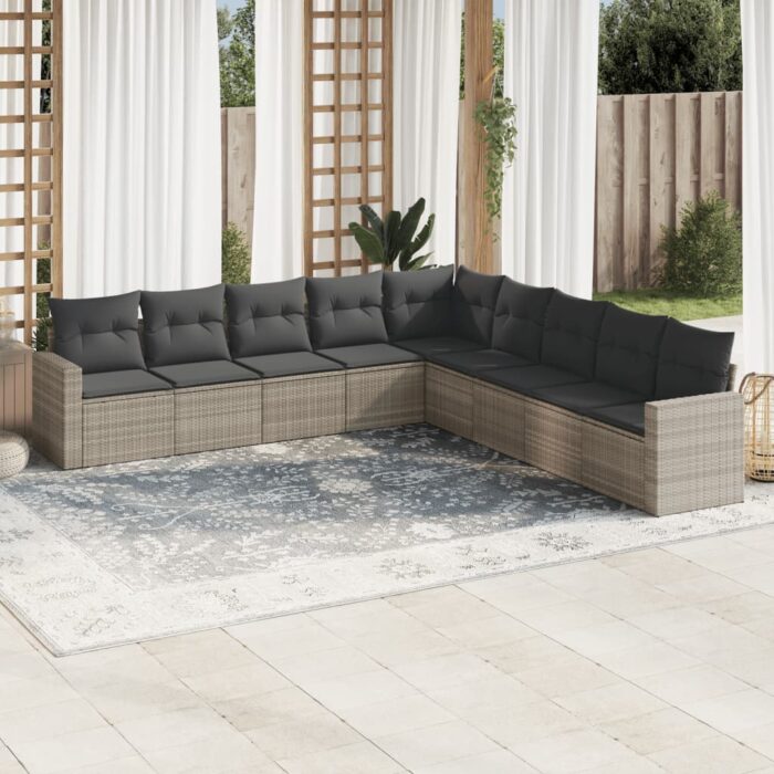Salon de jardin 9 pcs avec coussins gris clair résine tressée – Image 1