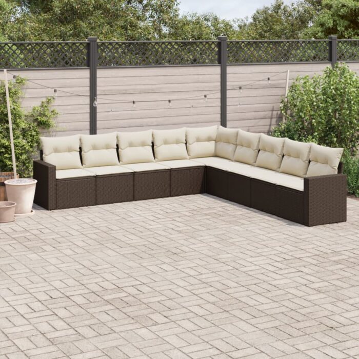 Salon de jardin avec coussins 9 pcs marron résine tressée – Image 1