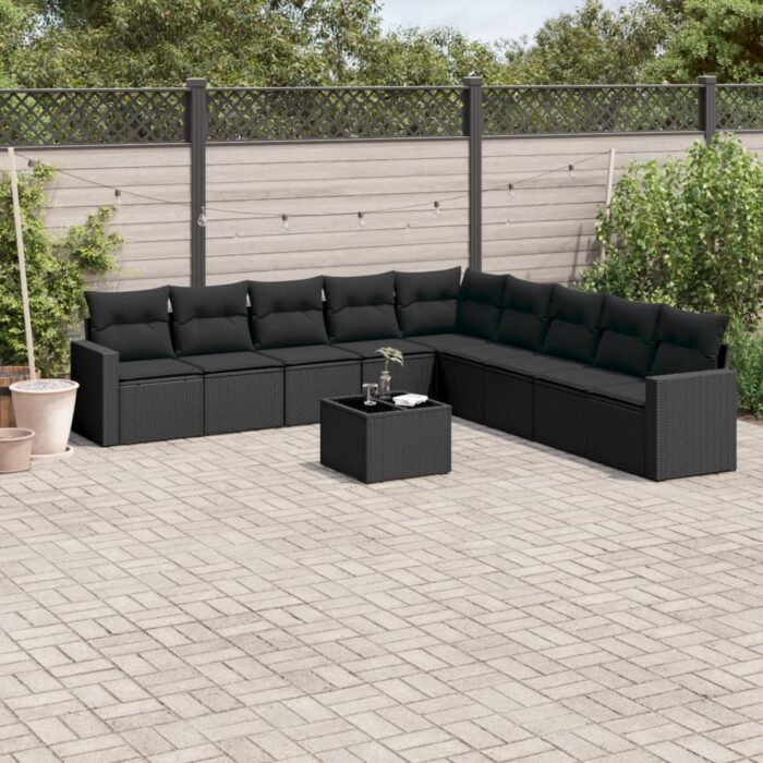 Salon de jardin 10 pcs avec coussins noir résine tressée – Image 1