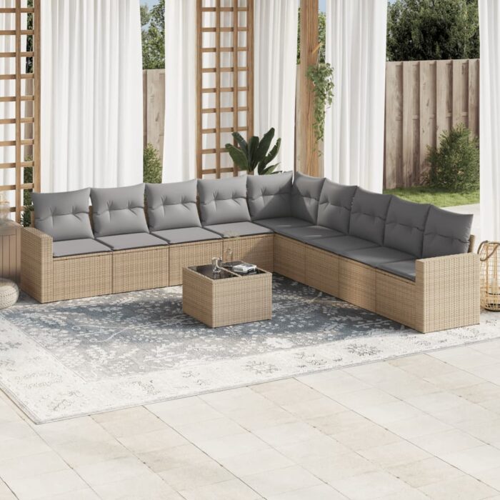 Salon de jardin avec coussins 10 pcs beige résine tressée – Image 1
