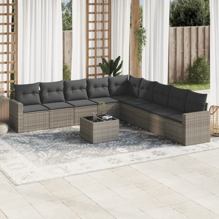 Salon de jardin avec coussins 10 pcs gris résine tressée – Image 1