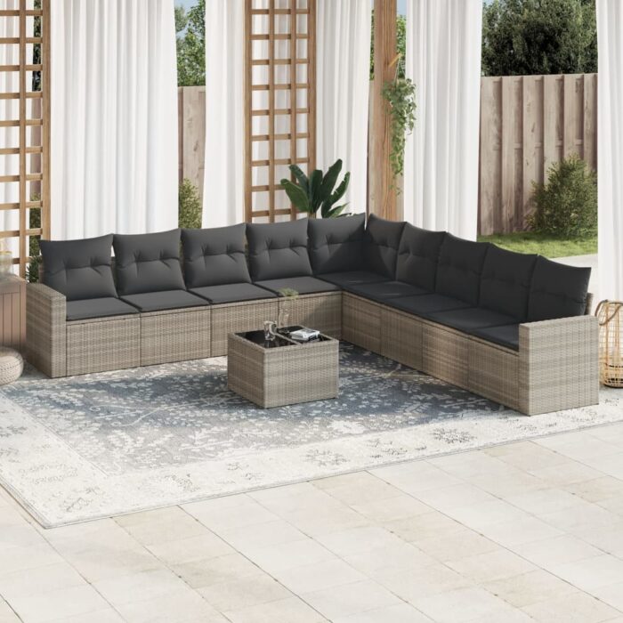 Salon de jardin avec coussins 10 pcs gris clair résine tressée – Image 1