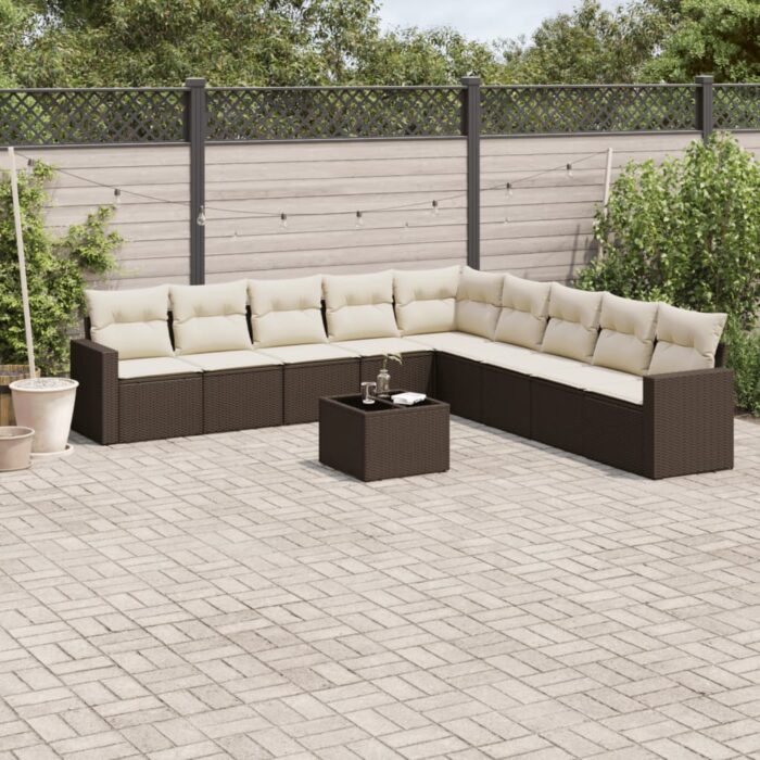 Salon de jardin 10 pcs avec coussins marron résine tressée – Image 1