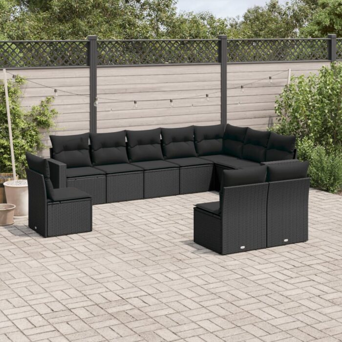 Salon de jardin 10 pcs avec coussins noir résine tressée – Image 1