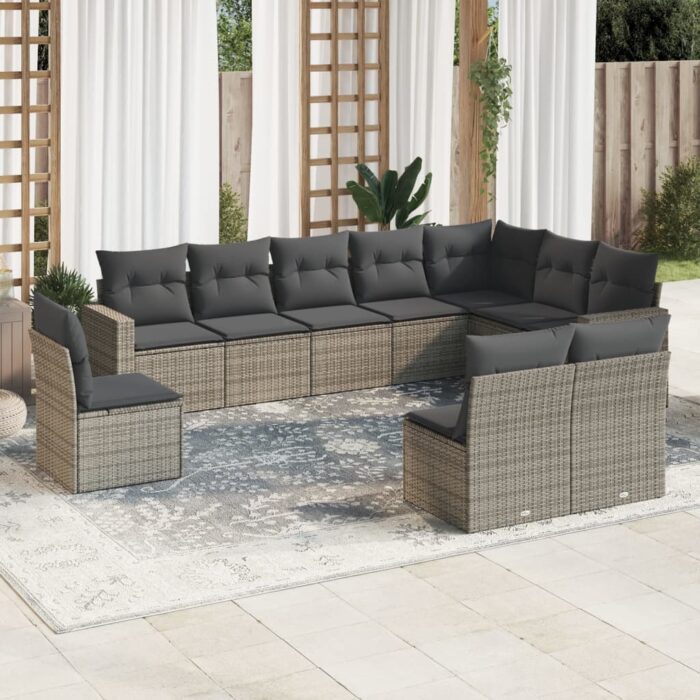 Salon de jardin avec coussins 10 pcs gris résine tressée – Image 1