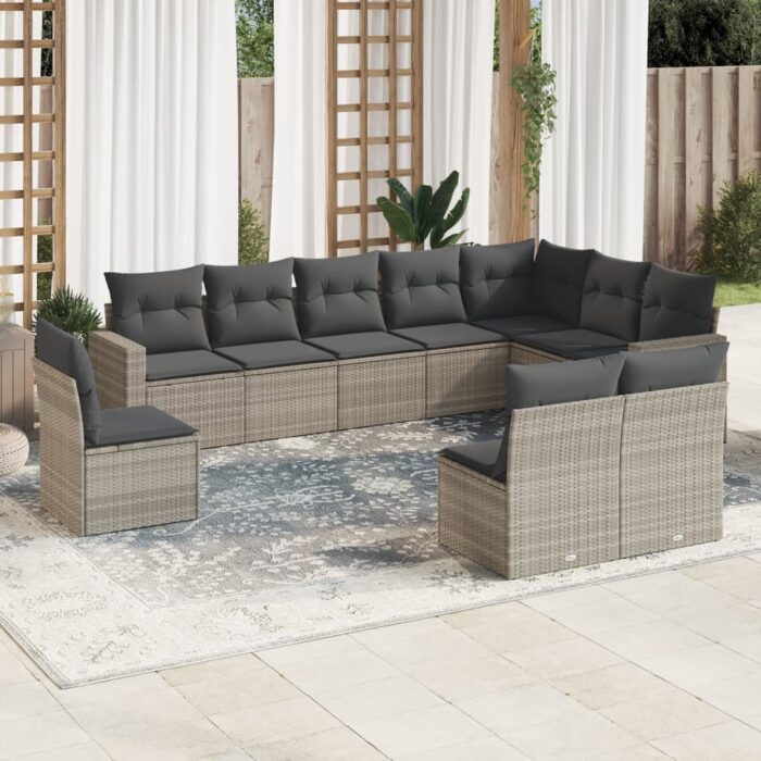 Salon de jardin avec coussins 10 pcs gris clair résine tressée – Image 1