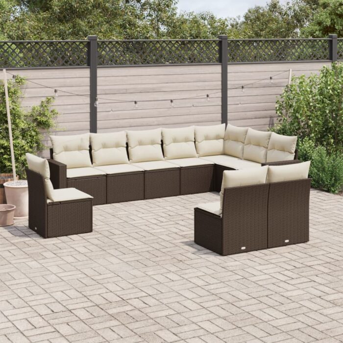 Salon de jardin 10 pcs avec coussins marron résine tressée – Image 1