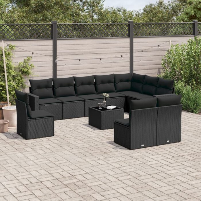 Salon de jardin 11 pcs avec coussins noir résine tressée – Image 1
