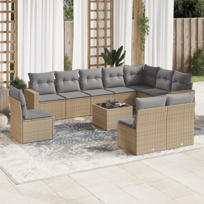 Salon de jardin 11 pcs avec coussins beige résine tressée – Image 1