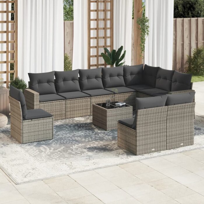 Salon de jardin 11 pcs avec coussins gris résine tressée – Image 1