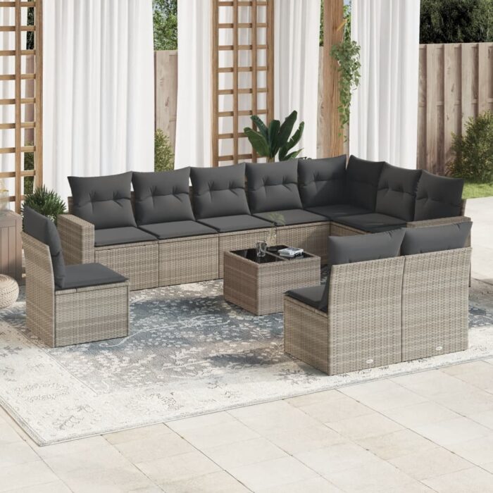Salon de jardin 11 pcs avec coussins gris clair résine tressée – Image 1