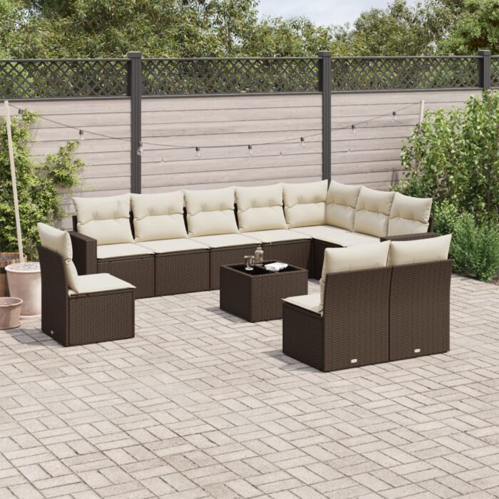 Salon de jardin et coussins 11 pcs marron résine tressée – Image 1