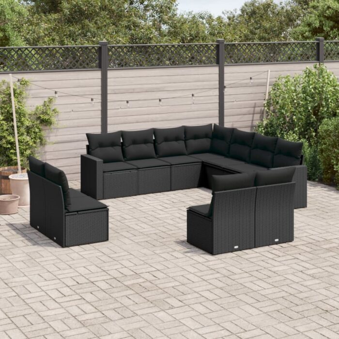 Salon de jardin 11 pcs avec coussins noir résine tressée – Image 1