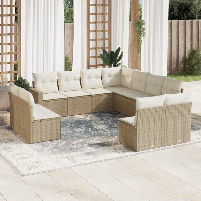 Salon de jardin 11 pcs avec coussins beige résine tressée – Image 1