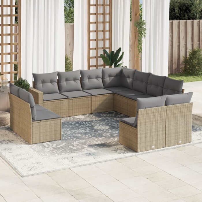 Salon de jardin 11 pcs avec coussins beige résine tressée – Image 1