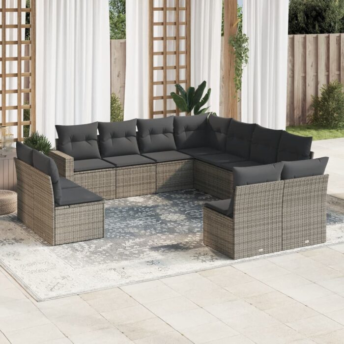 Salon de jardin 11 pcs avec coussins gris résine tressée – Image 1