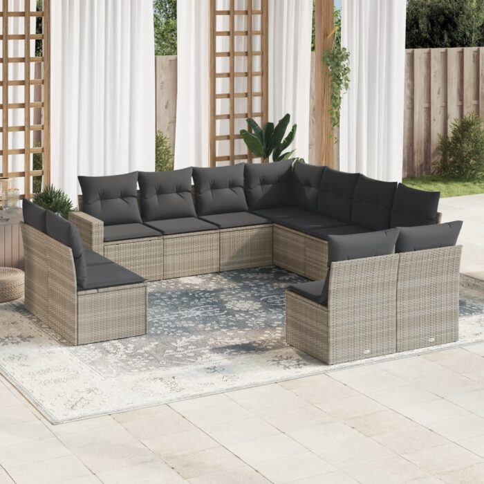 Salon de jardin 11 pcs avec coussins gris clair résine tressée – Image 1