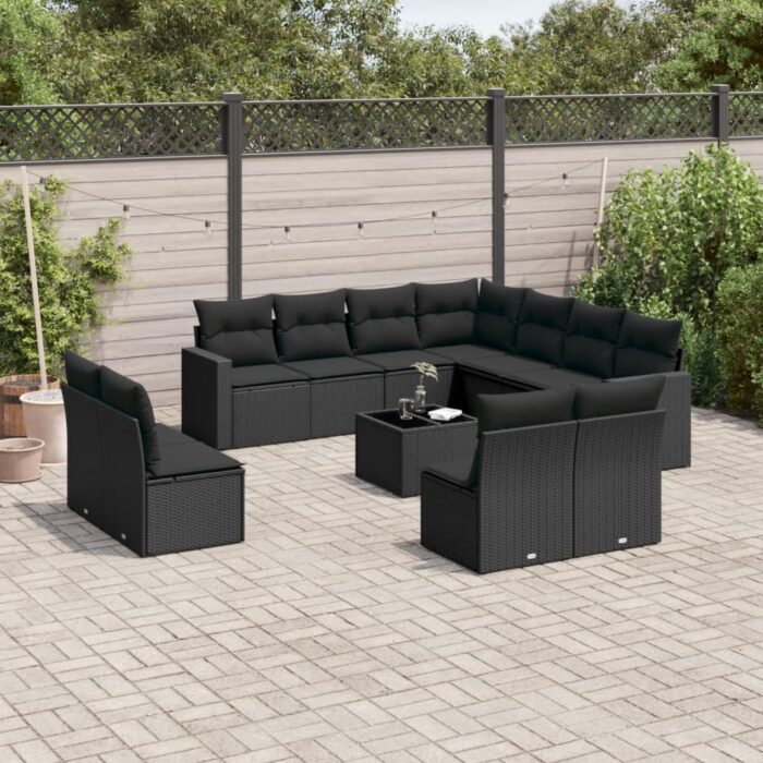 Salon de jardin 12 pcs avec coussins noir résine tressée – Image 1