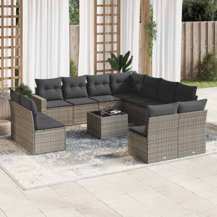 Salon de jardin avec coussins 12 pcs gris résine tressée – Image 1