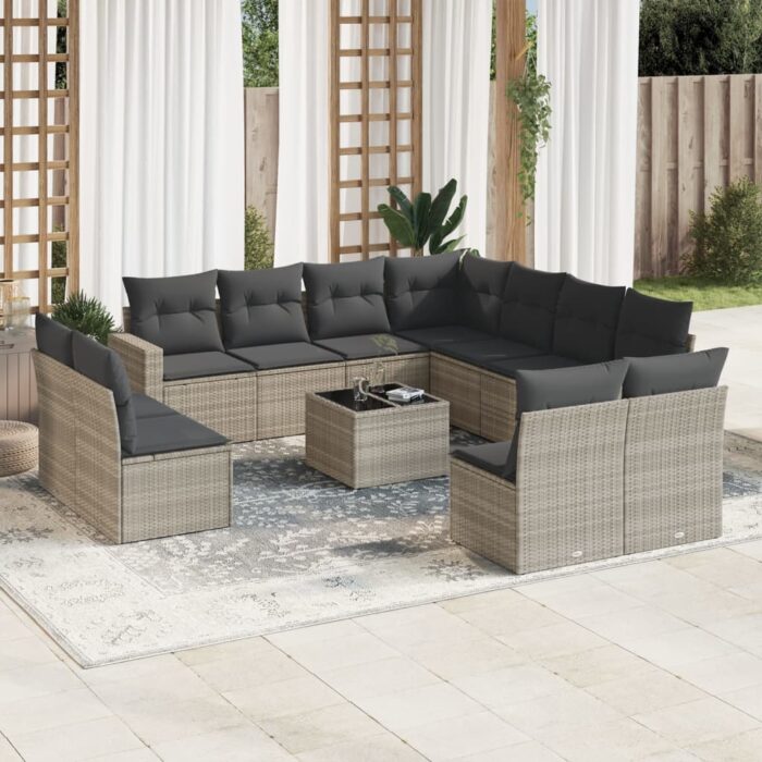 Salon de jardin avec coussins 12 pcs gris clair résine tressée – Image 1