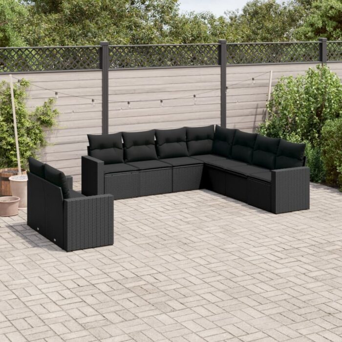 Salon de jardin 9 pcs avec coussins noir résine tressée – Image 1