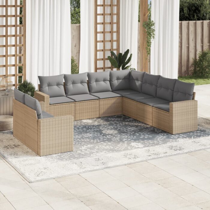 Salon de jardin avec coussins 9 pcs beige résine tressée – Image 1