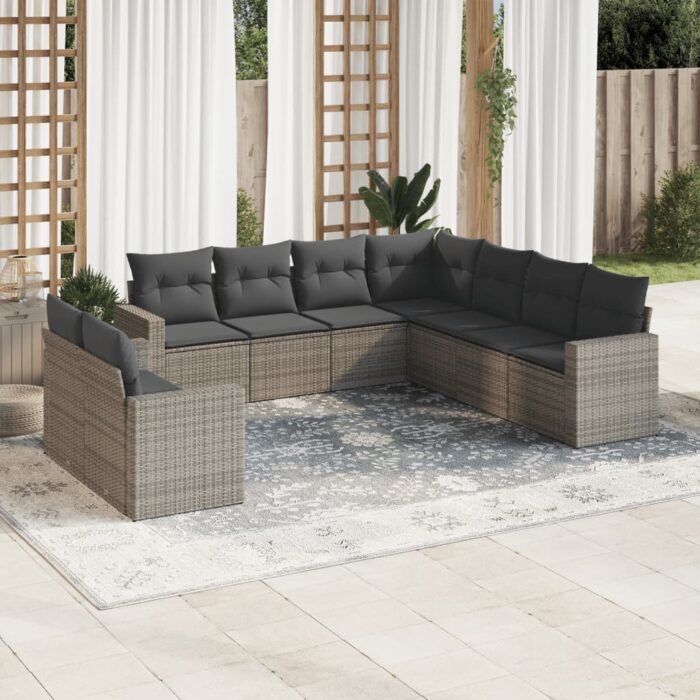 Salon de jardin 9 pcs avec coussins gris résine tressée – Image 1