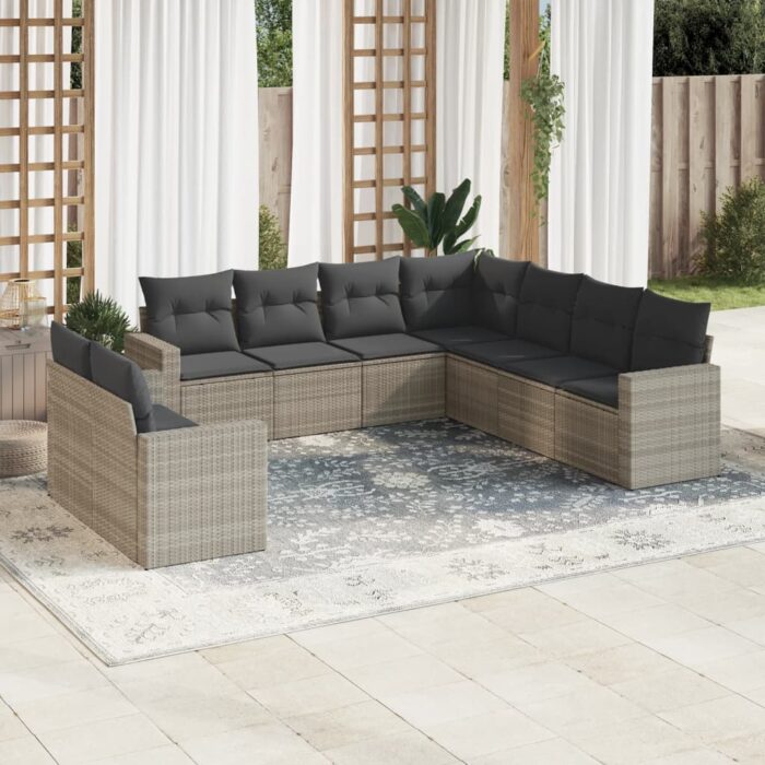 Salon de jardin 9 pcs avec coussins gris clair résine tressée – Image 1