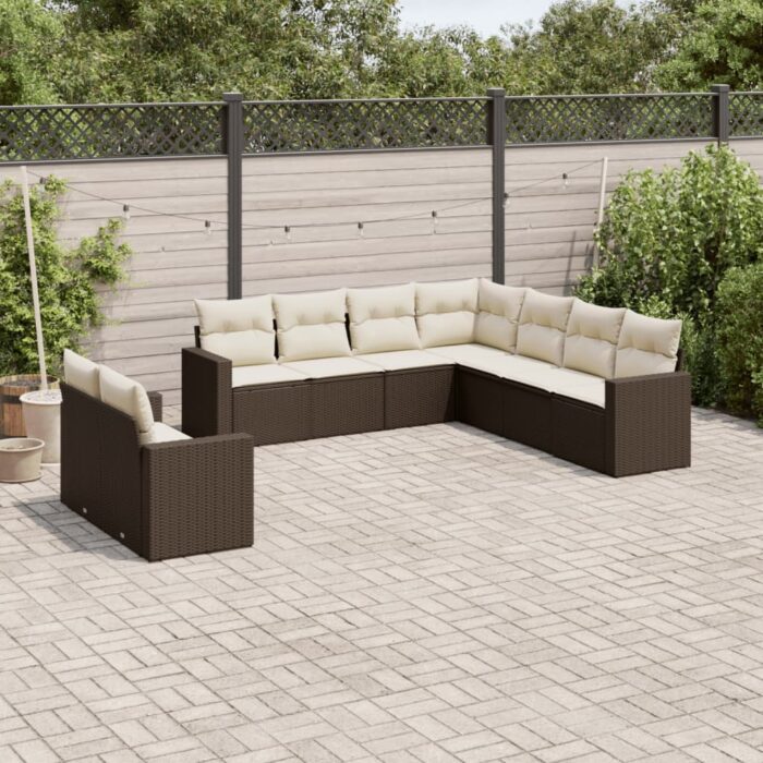 Salon de jardin avec coussins 9 pcs marron résine tressée – Image 1