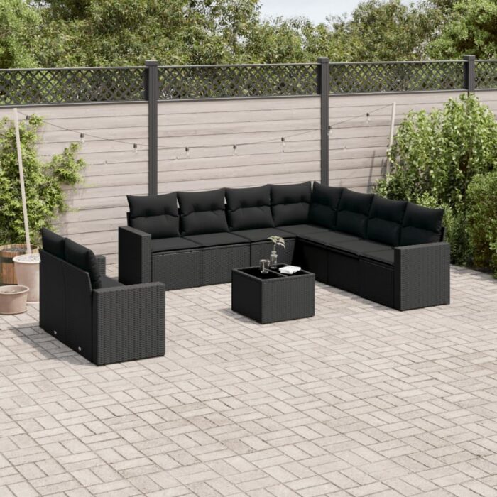 Salon de jardin 10 pcs avec coussins noir résine tressée – Image 1