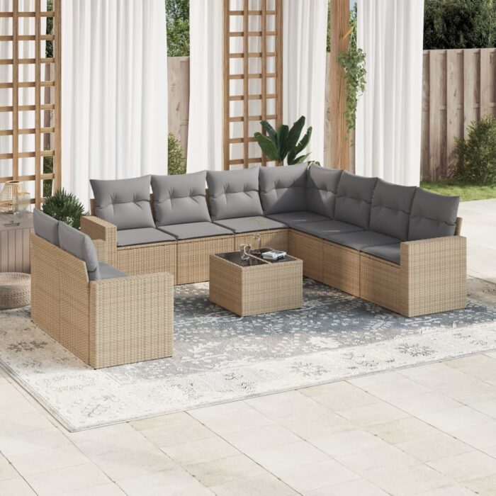 Salon de jardin avec coussins 10 pcs beige résine tressée – Image 1