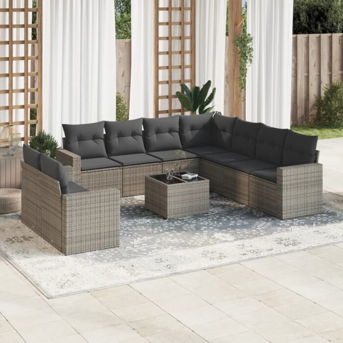 Salon de jardin avec coussins 10 pcs gris résine tressée – Image 1