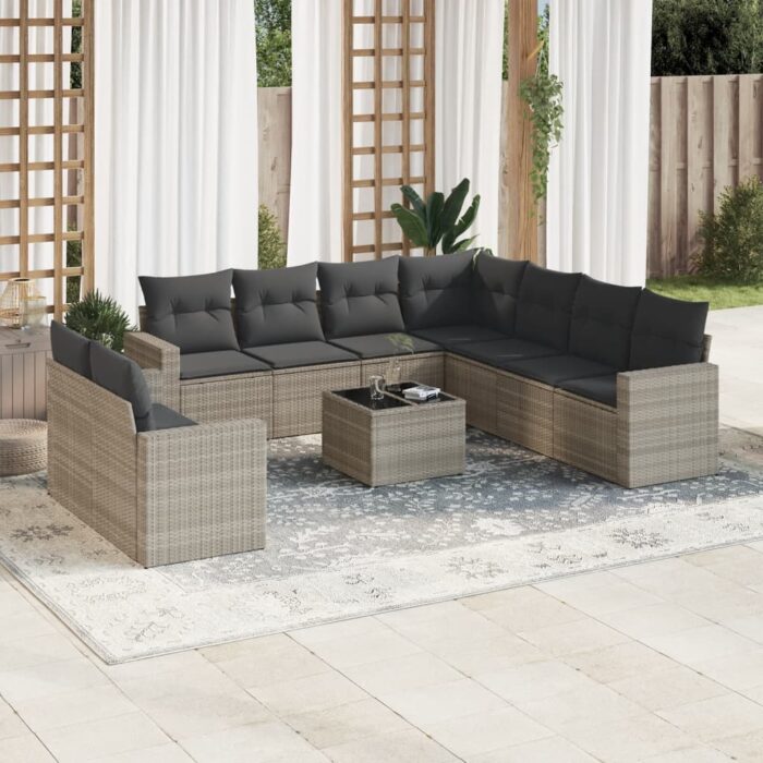 Salon de jardin avec coussins 10 pcs gris clair résine tressée – Image 1