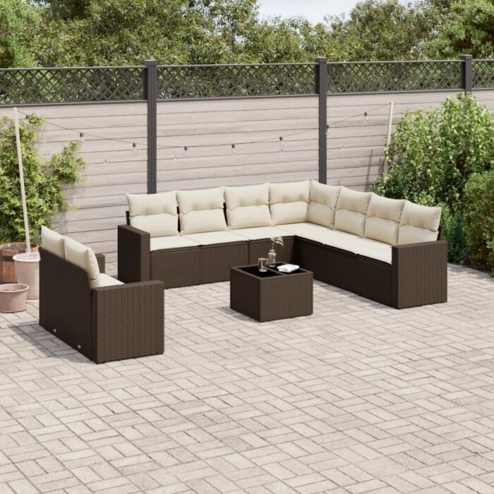 Salon de jardin 10 pcs avec coussins marron résine tressée – Image 1