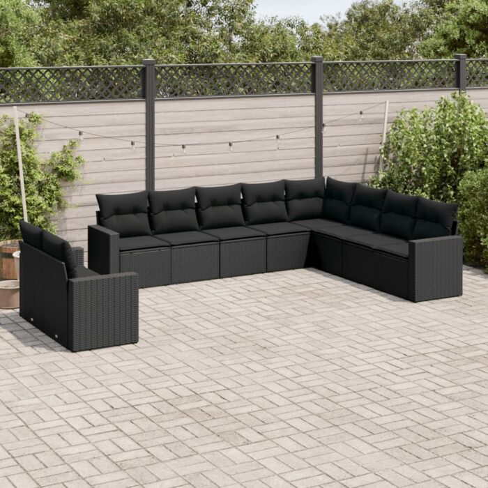 Salon de jardin 10 pcs avec coussins noir résine tressée – Image 1