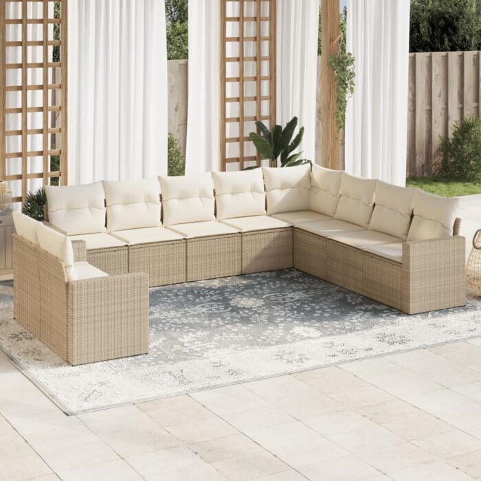 Salon de jardin avec coussins 10 pcs beige résine tressée – Image 1