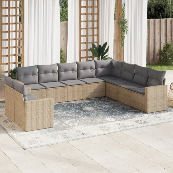 Salon de jardin avec coussins 10 pcs beige résine tressée – Image 1