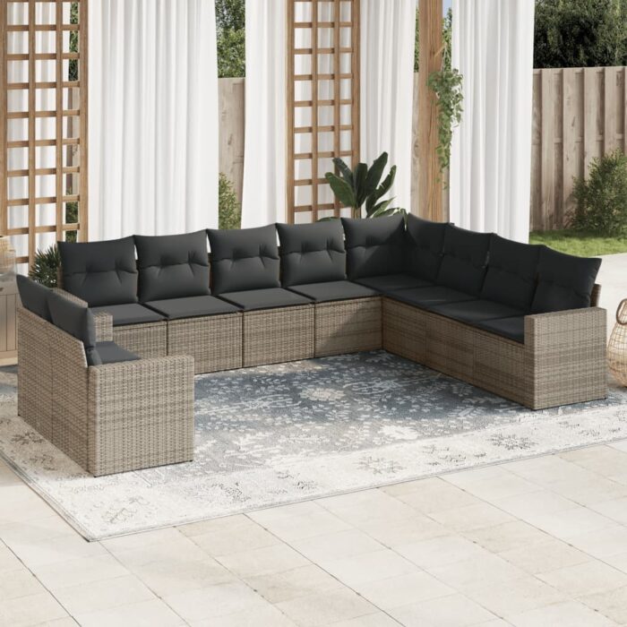 Salon de jardin avec coussins 10 pcs gris résine tressée – Image 1