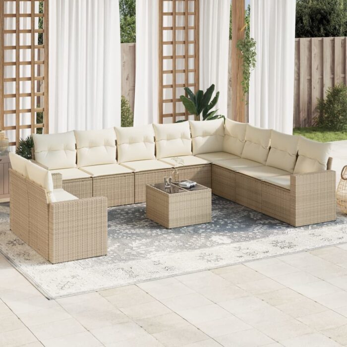 Salon de jardin 11 pcs avec coussins beige résine tressée – Image 1