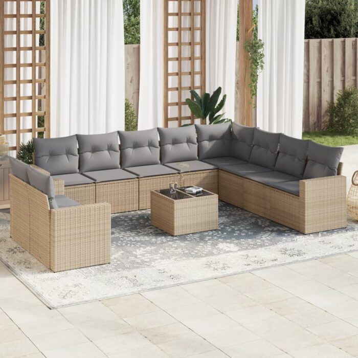 Salon de jardin 11 pcs avec coussins beige résine tressée – Image 1