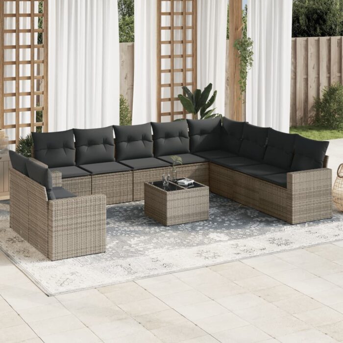 Salon de jardin 11 pcs avec coussins gris résine tressée – Image 1