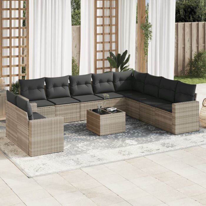 Salon de jardin 11 pcs avec coussins gris clair résine tressée – Image 1