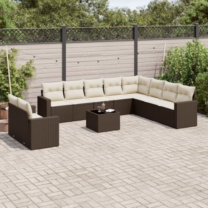 Salon de jardin et coussins 11 pcs marron résine tressée – Image 1