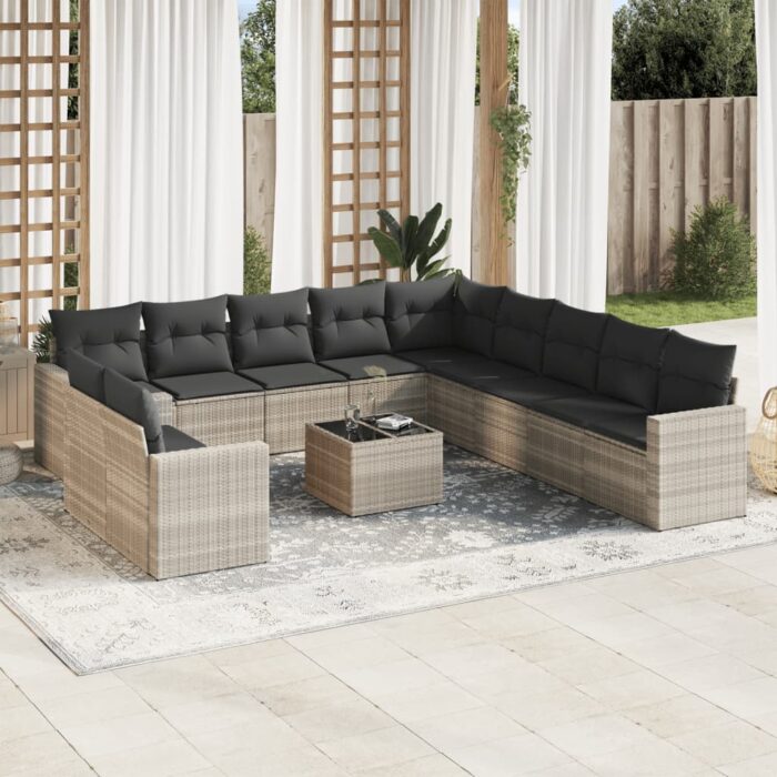 Salon de jardin avec coussins 12 pcs gris clair résine tressée – Image 1