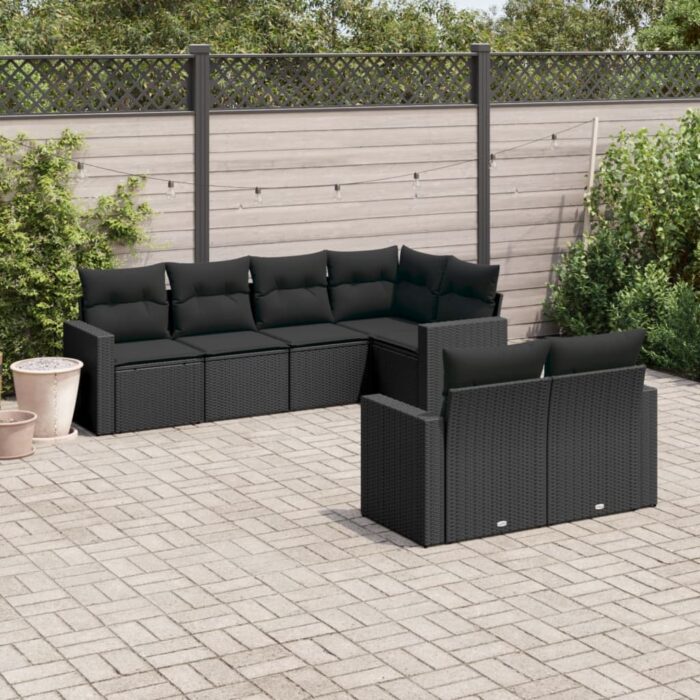 Salon de jardin 7 pcs avec coussins noir résine tressée – Image 1