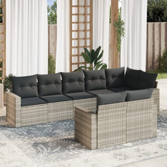 Salon de jardin 8 pcs avec coussins gris clair résine tressée – Image 1