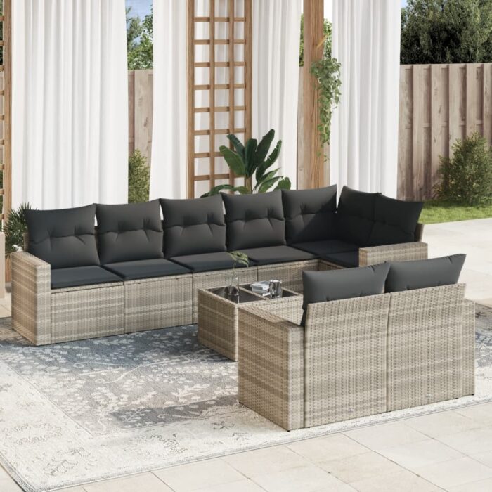 Salon de jardin 9 pcs avec coussins gris clair résine tressée – Image 1