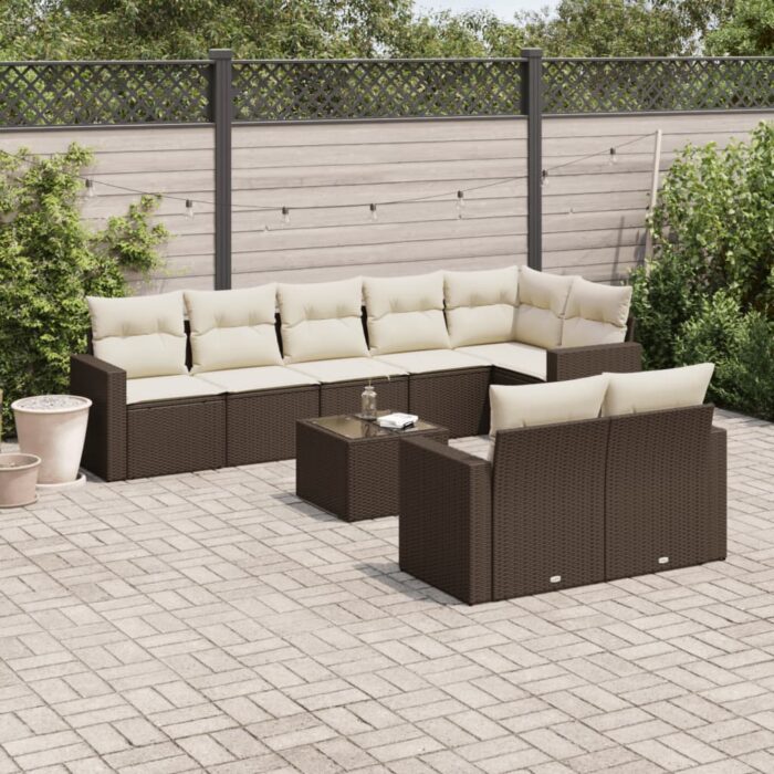 Salon de jardin avec coussins 9 pcs marron résine tressée – Image 1