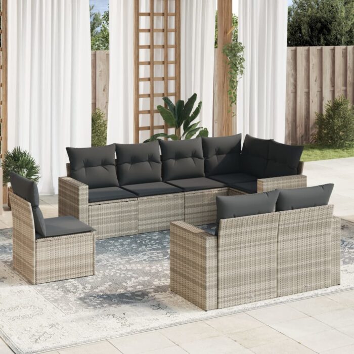Salon de jardin 8 pcs avec coussins gris clair résine tressée – Image 1